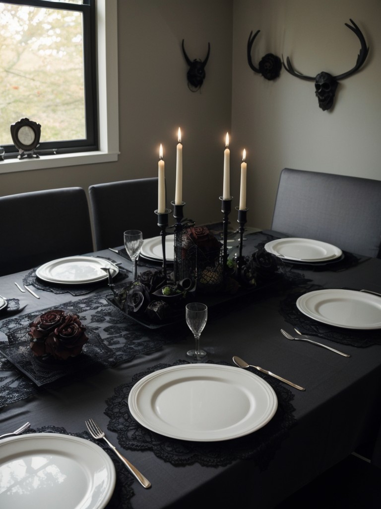 Decorate your dining area with a creepy dining table setup, featuring black lace tablecloths, skeleton cutlery, and eerie centerpieces.