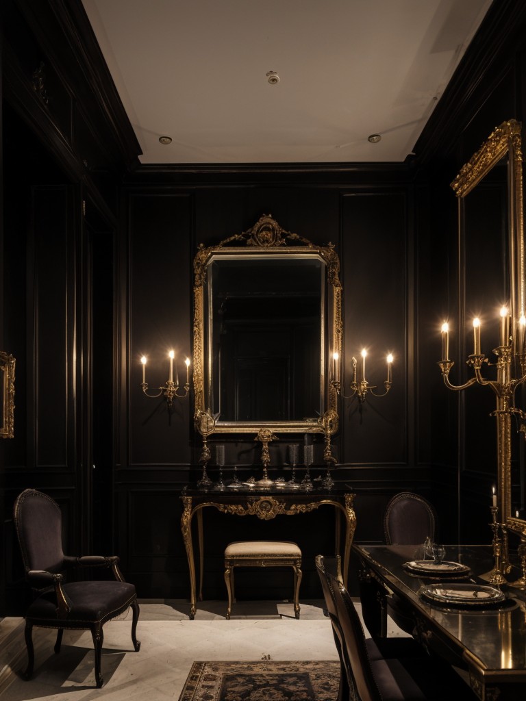 Embrace the spooky and mysterious with gothic-inspired apartment decor, featuring dark colors, candelabras, and antique mirrors.