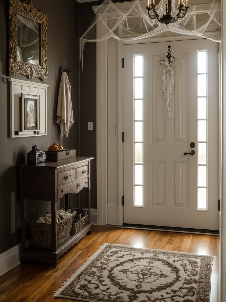 Give your entryway a haunted touch with a faux cobweb-covered chandelier, ghostly wall decals, and a trick or treat doormat.