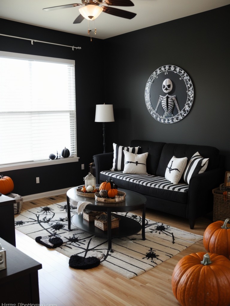 Jack Skellington-inspired apartment decor featuring black and white stripes, pumpkin accents, and Nightmare Before Christmas memorabilia.