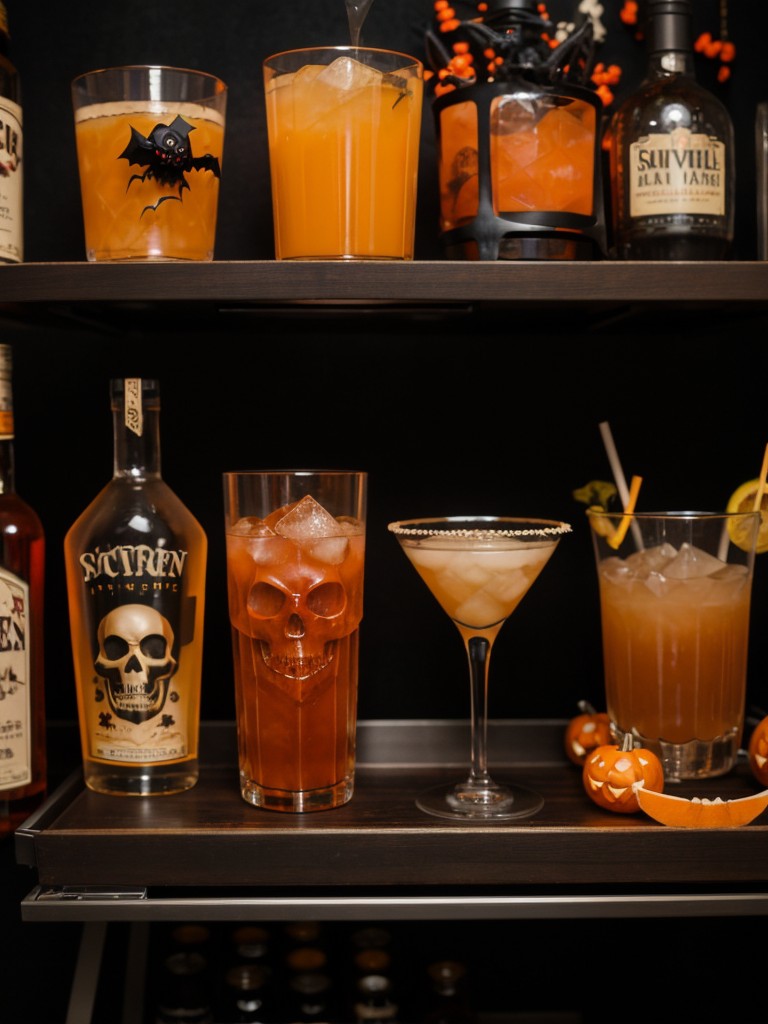 Set up a Halloween-themed bar cart in your apartment with spooky cocktails, skull-shaped shot glasses, and eerie potions.