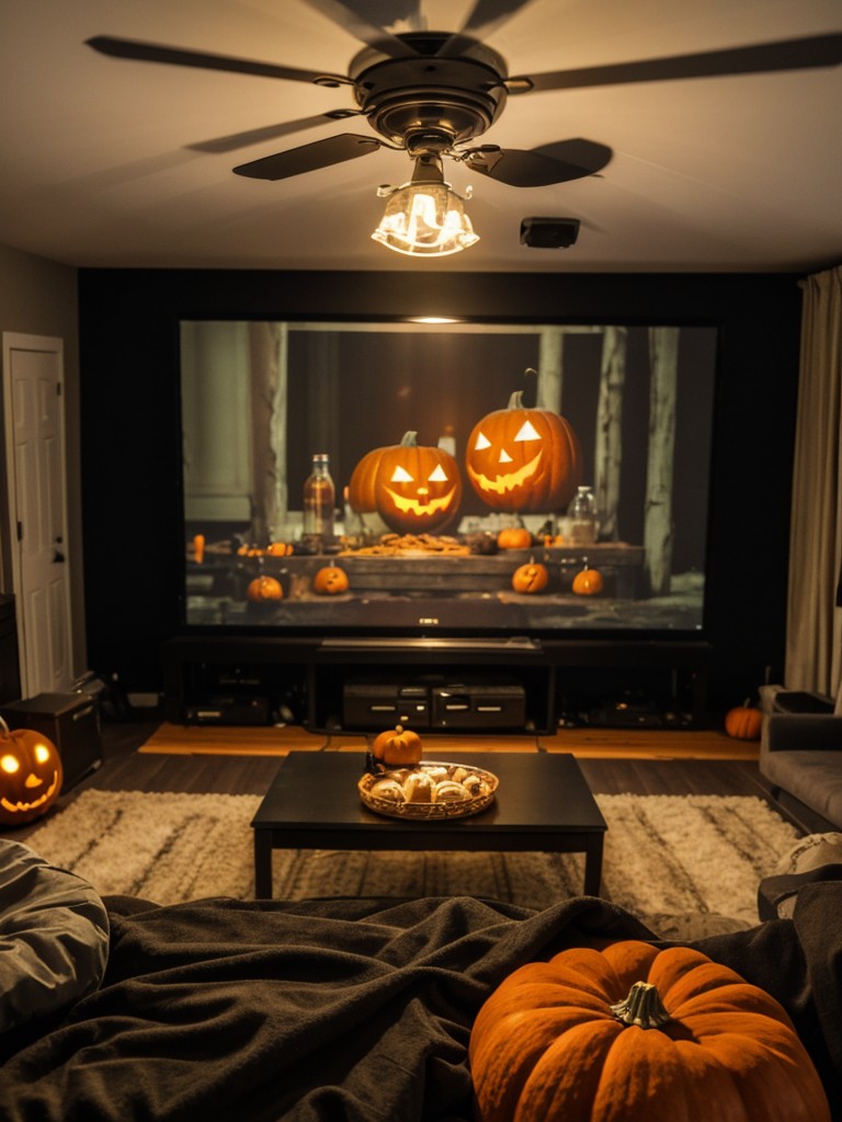 Set up a Halloween-themed movie night in your apartment with a projector, cozy blankets, and a spooky movie selection.