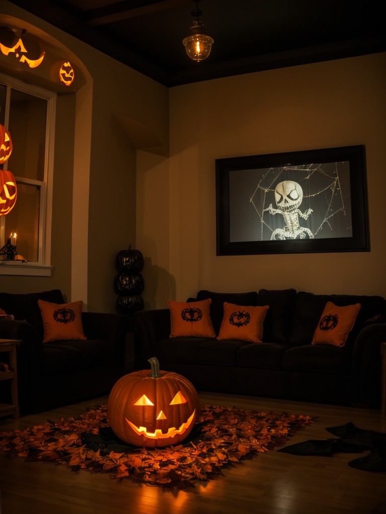 Spooky apartment decor with spider webs, bats, and jack-o'-lanterns to create a haunted ambiance.