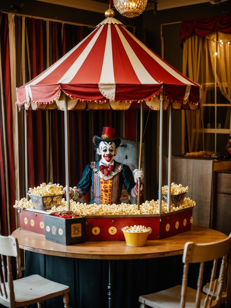 Transform your apartment into a haunted carnival with vintage circus-themed decorations, popcorn machines, and creepy clown props.