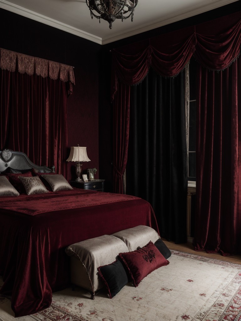 Turn your bedroom into a vampire's lair with gothic-inspired accent pieces, textured black fabrics, and dark red velvet curtains.