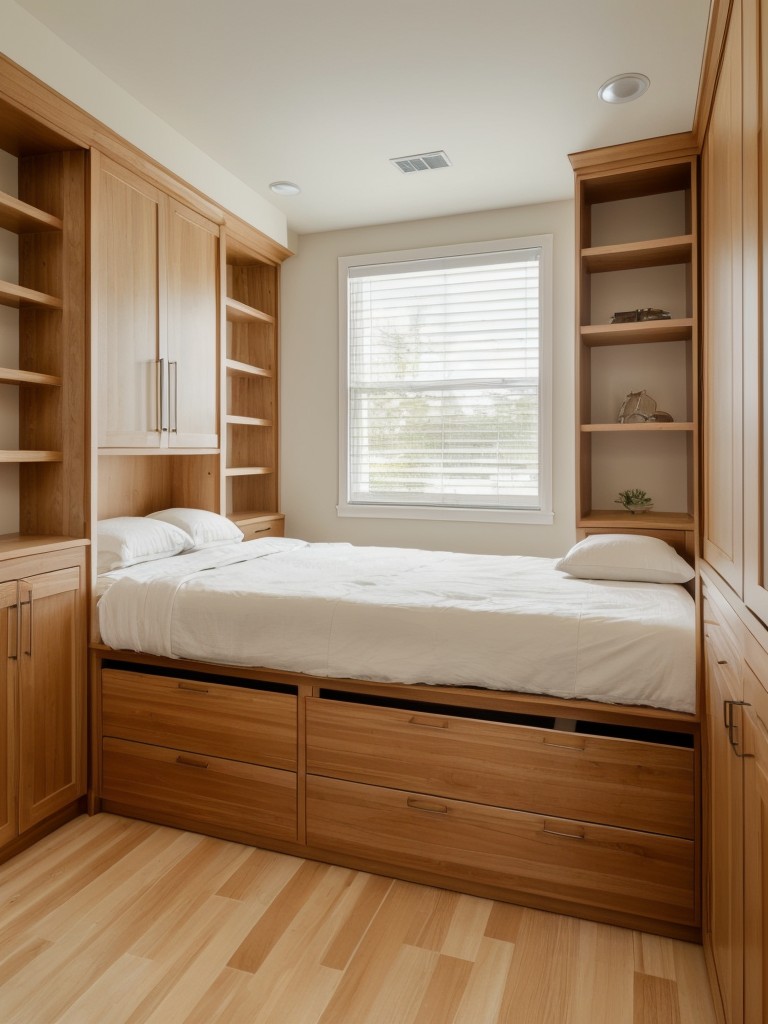 Add storage solutions such as built-in shelves, floating cabinets, and under-bed drawers to maximize space.