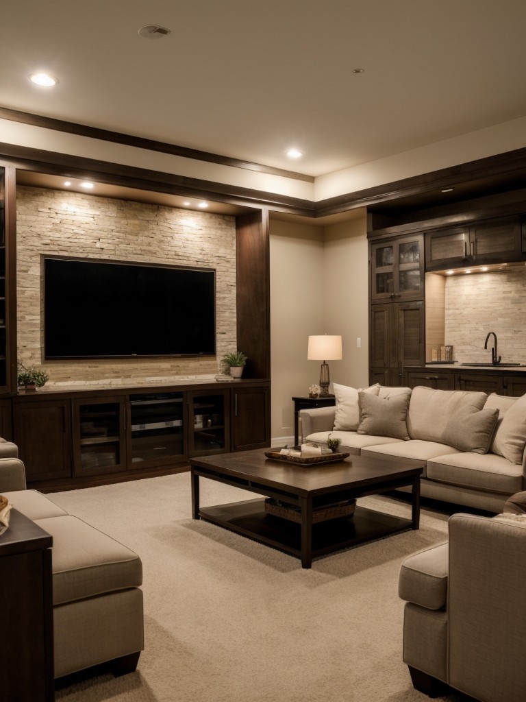 Include a cozy sitting area with comfortable seating, a small entertainment center, and ambient lighting.