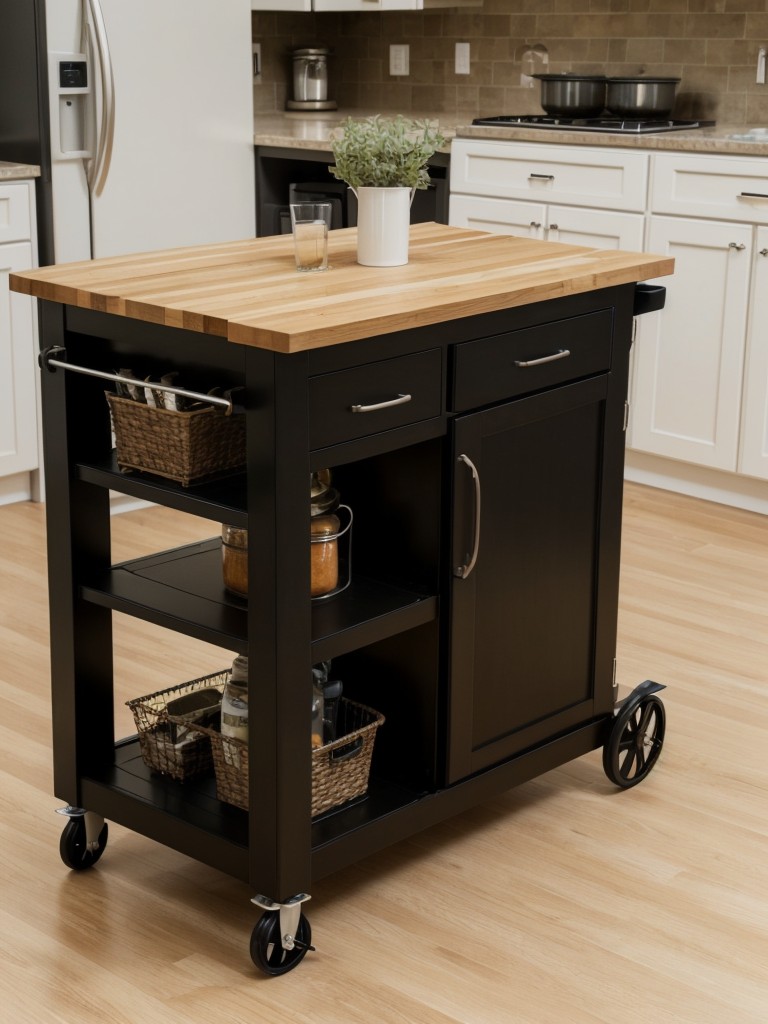 Add a portable kitchen island or a rolling cart with storage to provide additional workspace and storage solutions that can be moved around as needed in a small kitchen.