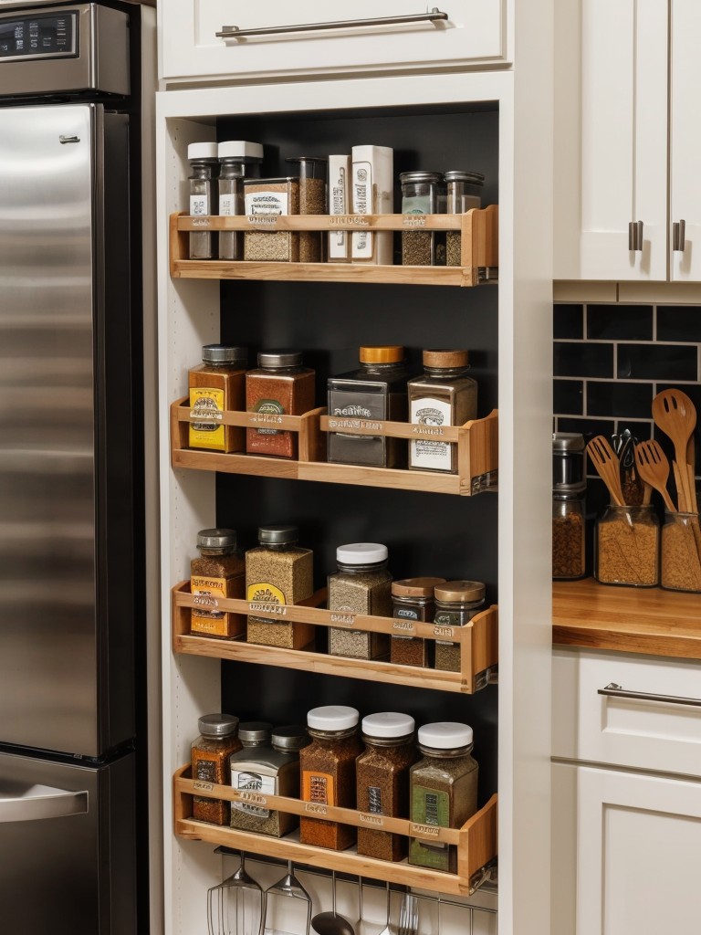 Incorporate a magnetic knife strip or wall-mounted spice rack to keep frequently used tools and ingredients within easy reach and free up counter space in a compact kitchen.