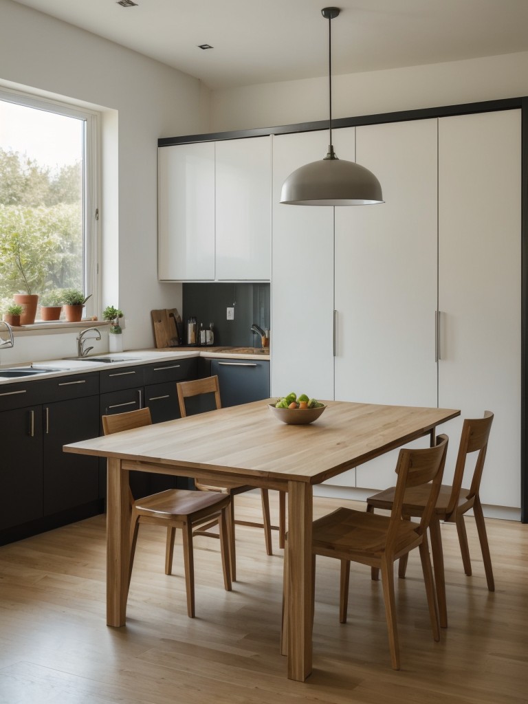 Install a foldable or extendable dining table that can be tucked away when not in use to save on space and provide flexibility for a studio kitchen.