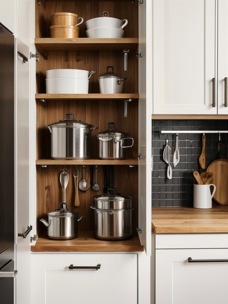 Install a pegboard or hanging pot rack to store pots, pans, and utensils, saving drawer and cabinet space while adding a touch of creative visual interest to your kitchen.