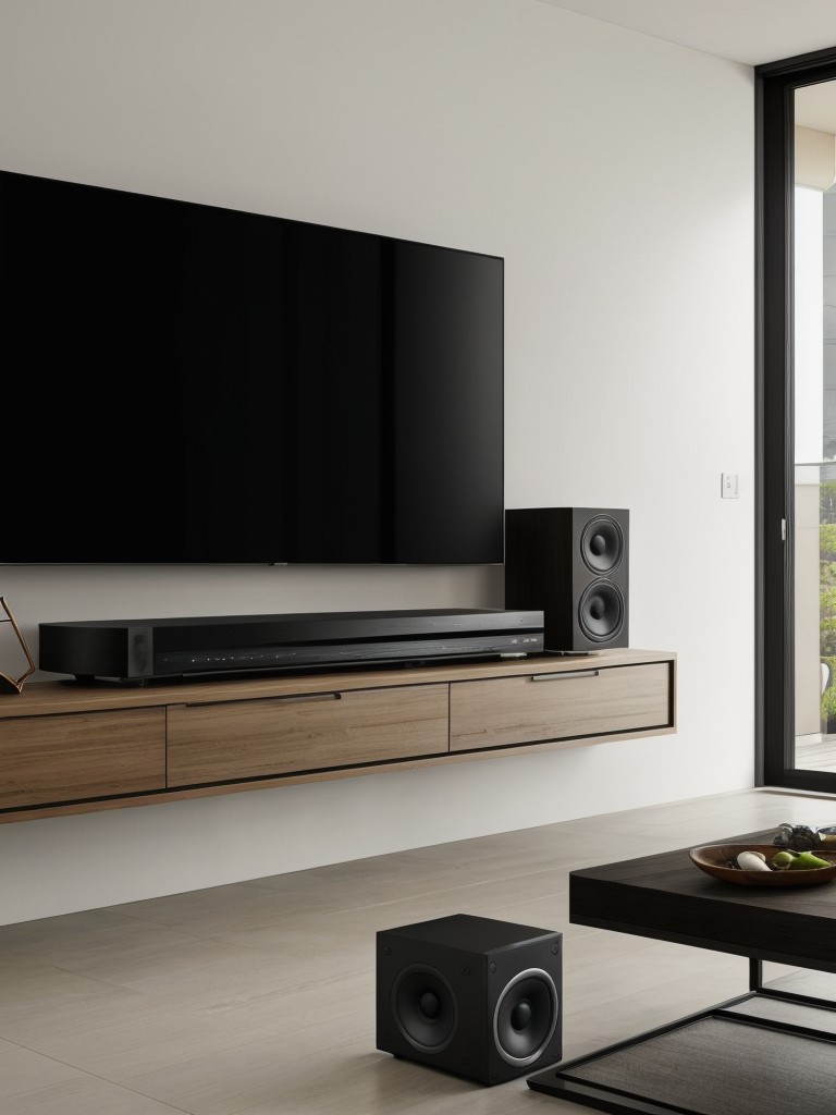 Create an entertainment area by positioning your TV on a sleek wall mount and adding a soundbar or speakers for an immersive audio experience.