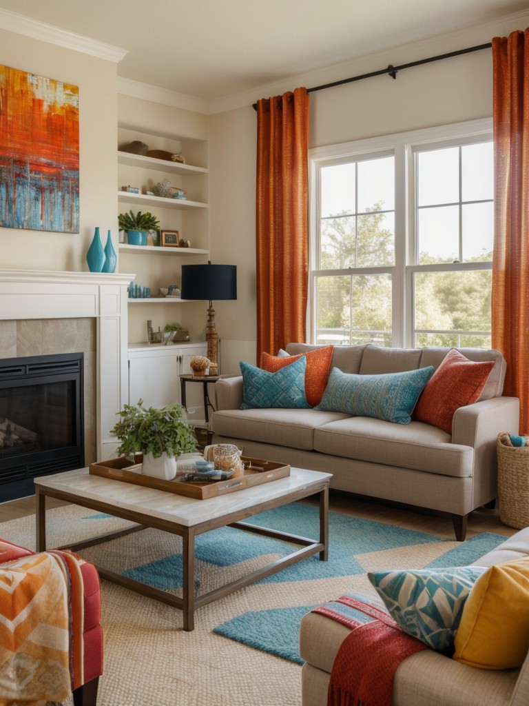 Experiment with colorful accent pillows, throws, or a vibrant area rug to inject personality and a pop of color into your living room.