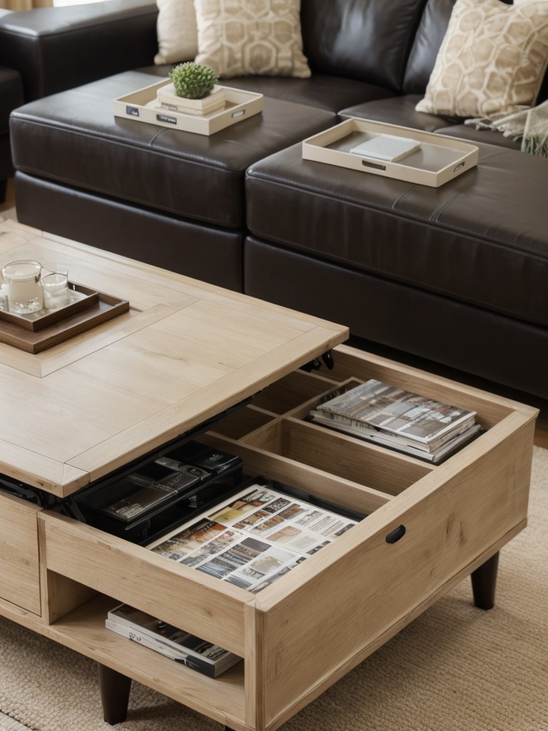 Incorporate a storage coffee table or ottoman with hidden compartments for storing remote controls, magazines, or extra throws.