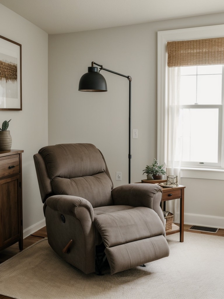Invest in a comfortable yet stylish recliner or a cozy reading nook with a plush armchair and floor lamp for a relaxing corner in your living room.