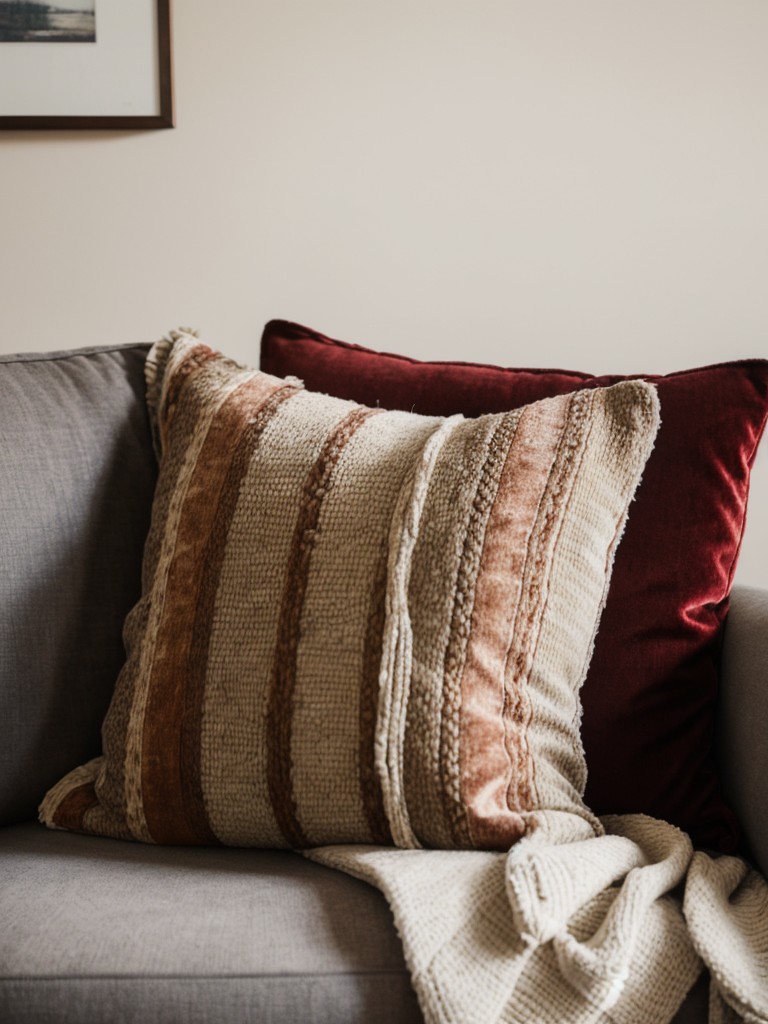 Play with different textures by incorporating plush throw blankets, velvet cushions, and woven baskets to bring warmth and visual interest to your living room.