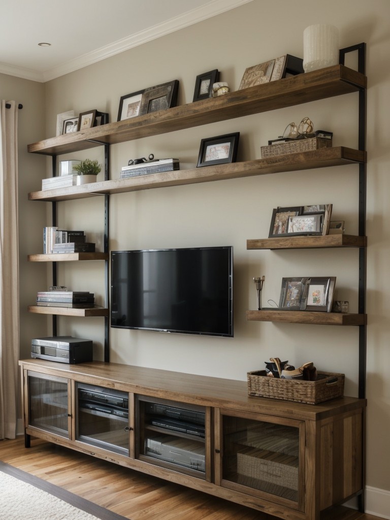 Utilize wall-mounted shelves or a stylish media unit for storing and displaying your books, multimedia devices, and decor.