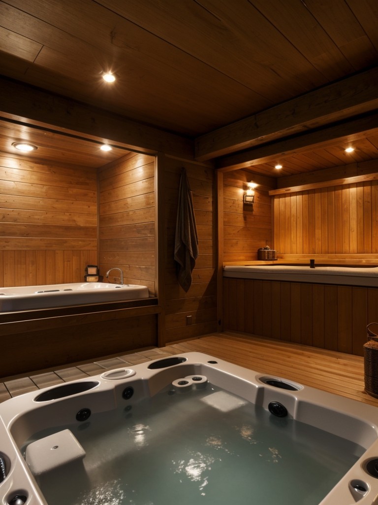 Combining entertainment and relaxation in your man cave design by including a mini spa area with a small sauna, a massage chair, or a hot tub for a luxurious experience.