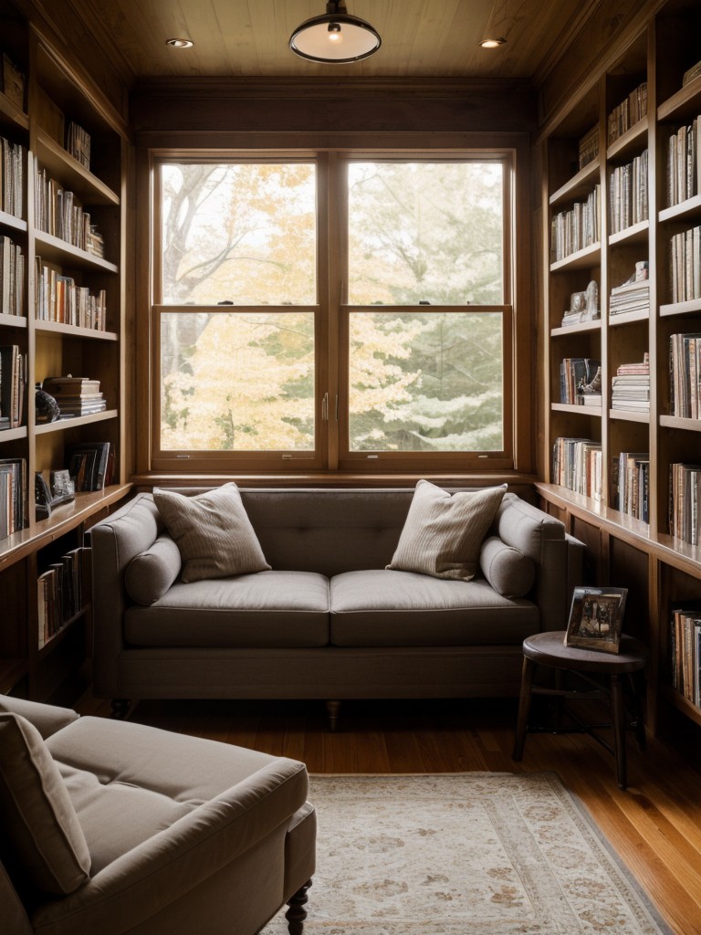 Creating a cozy reading corner in your man cave with a comfortable armchair or a built-in window seat, surrounded by bookshelves and soft lighting.