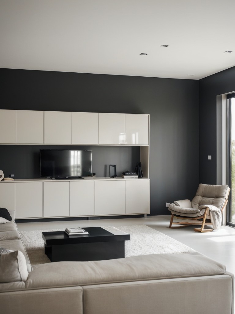 Designing a stylish man cave with a minimalist approach, focusing on a neutral color palette, sleek furniture designs, and smart organization solutions to keep the space clutter-free.