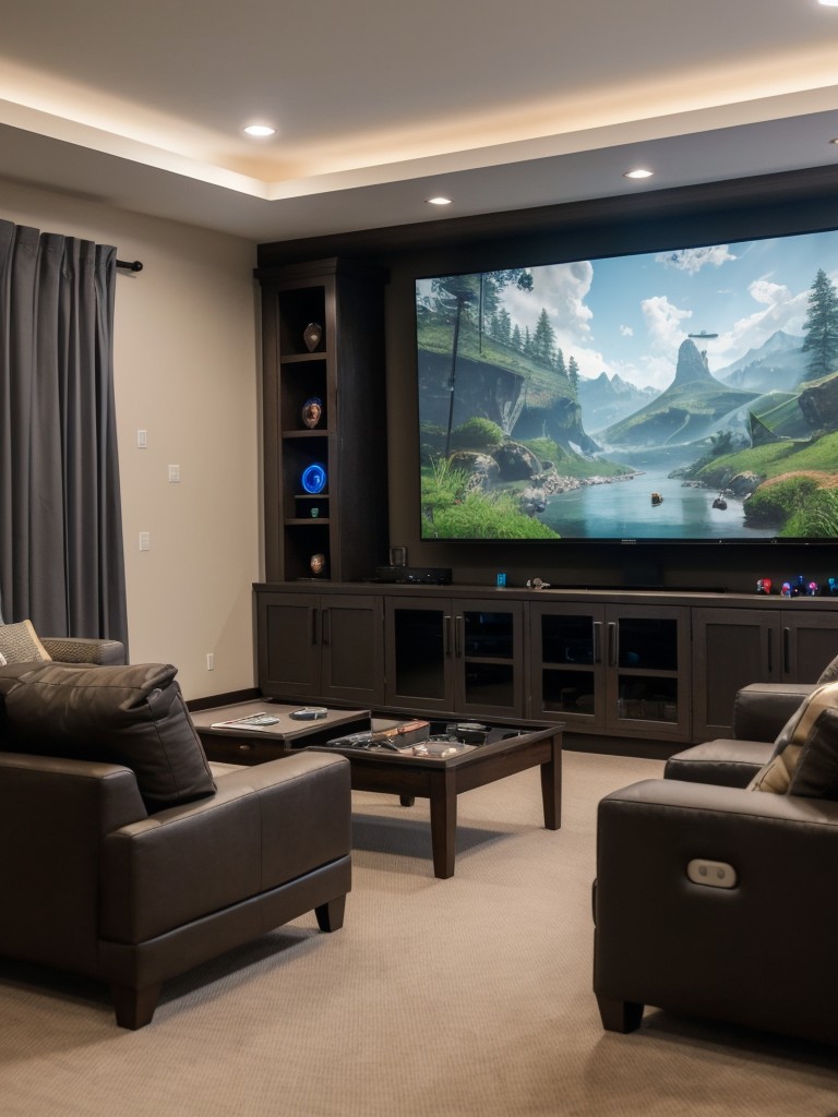 Integrating a projector or a large TV screen with surround sound for an immersive gaming experience, complete with gaming chairs, controller storage, and a VR setup.