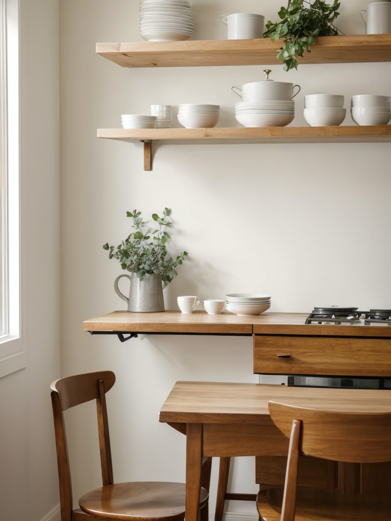 Consider incorporating a wall-mounted drop-leaf table in your kitchen or dining area for additional surface space that can be folded away when not in use.