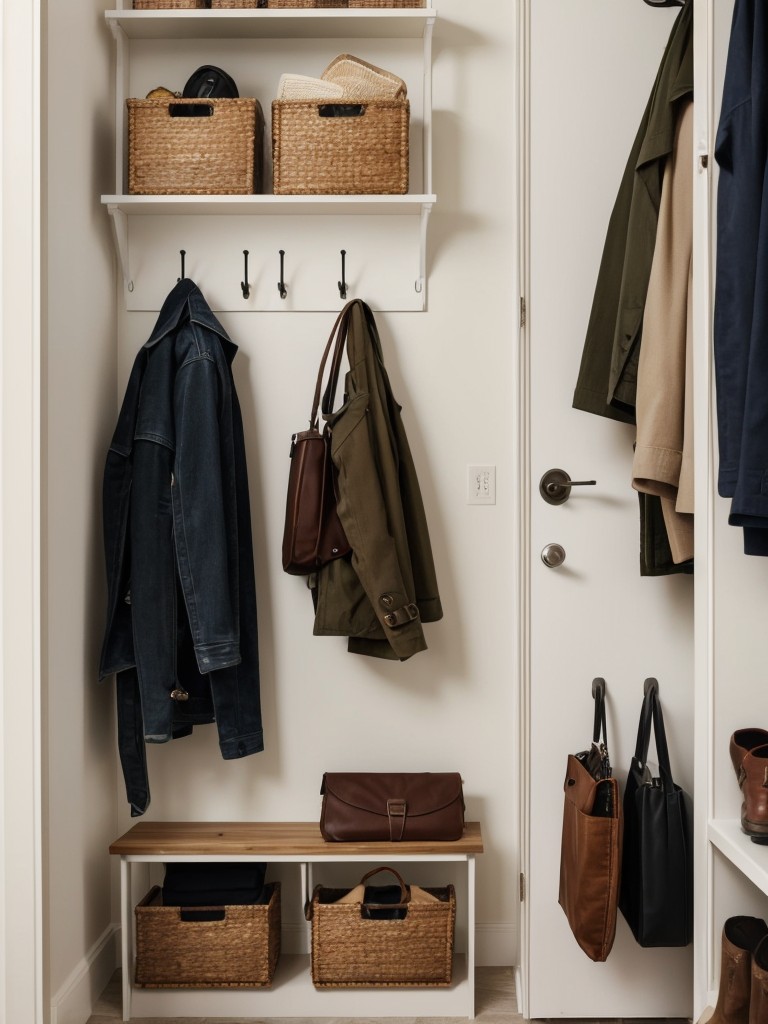 Use wall-mounted hooks or a coat rack near the entryway to keep jackets, bags, and keys organized and easily accessible.
