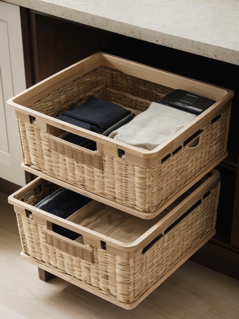 Utilize stylish storage baskets or bins to organize and hide away everyday items, maintaining a clean and clutter-free environment.