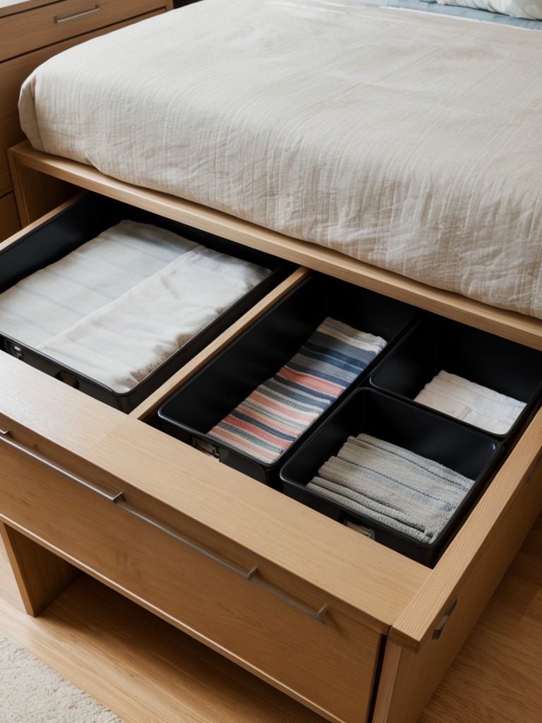 Utilize under-bed storage containers or drawer organizers to maximize bedroom storage space while keeping it neat and tidy.