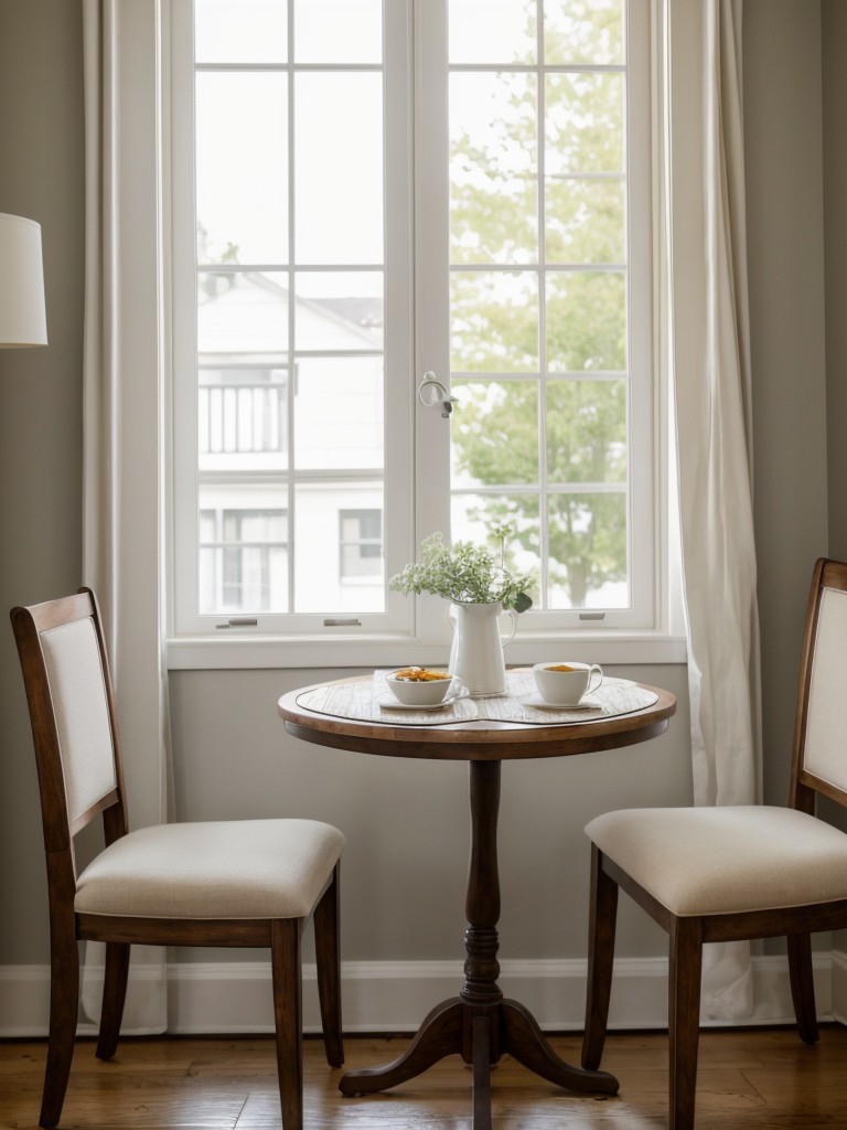 Consider adding a small bistro table and chairs to create a charming and intimate dining area for two.