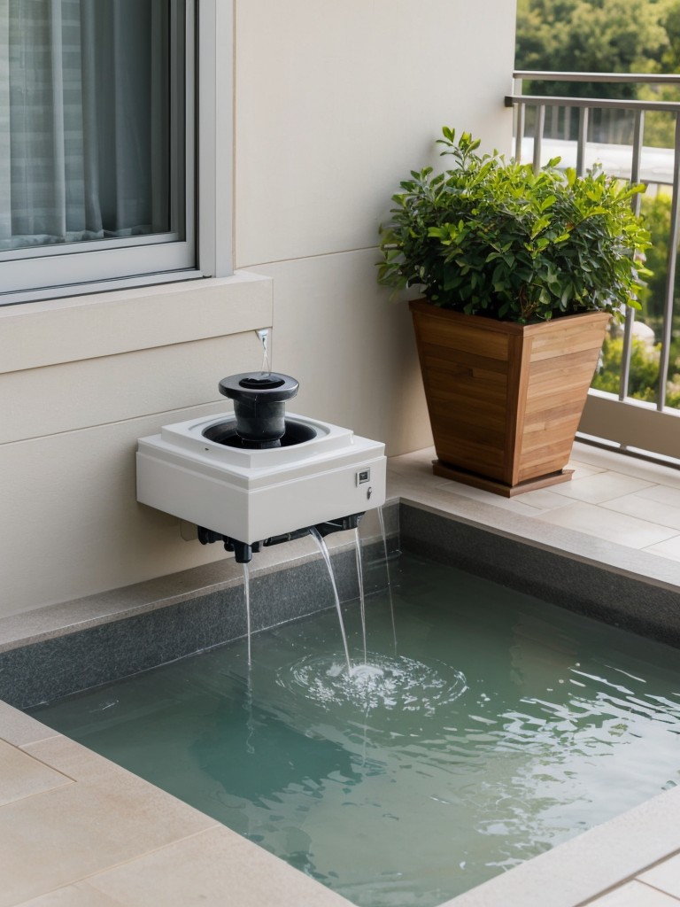 Consider installing a small water fountain to bring the soothing sounds of running water and a sense of tranquility to your balcony.