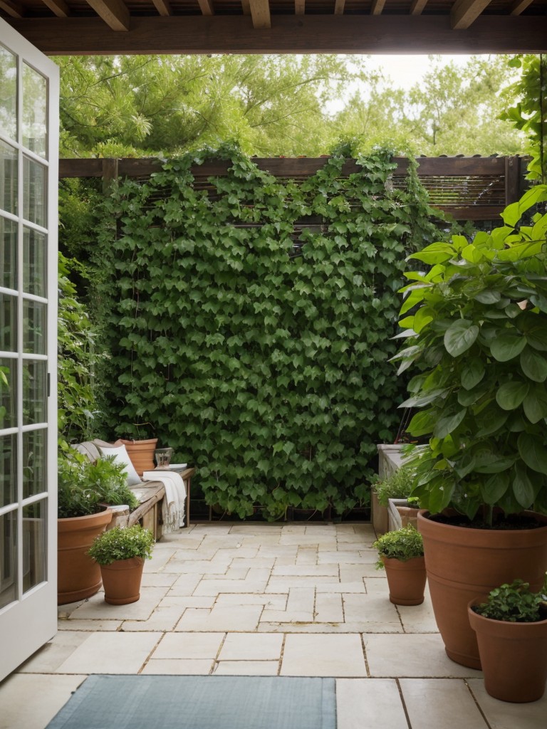 Create privacy by using tall potted plants, screens, or trellises covered with climbing vines to block unwanted views.