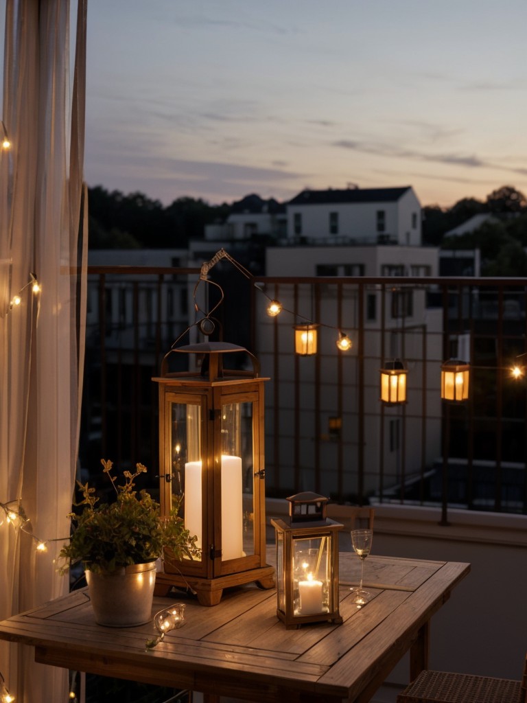 Hang strings of fairy lights or lanterns to add a touch of whimsy and romantic ambiance to your balcony.