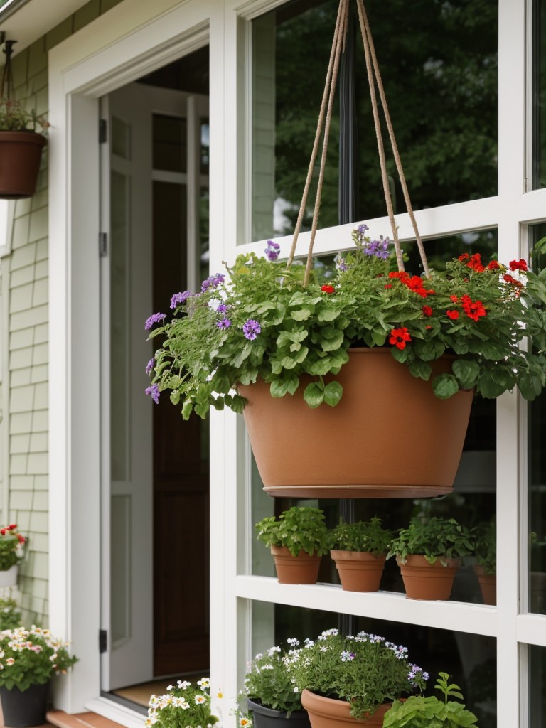 Utilize small hanging baskets or pots for growing herbs or flowers to add a touch of natural beauty.