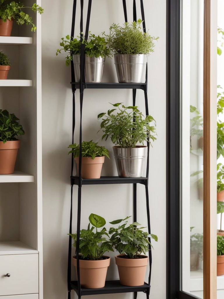 Utilize vertical space by installing hanging planters and shelving for small potted plants.