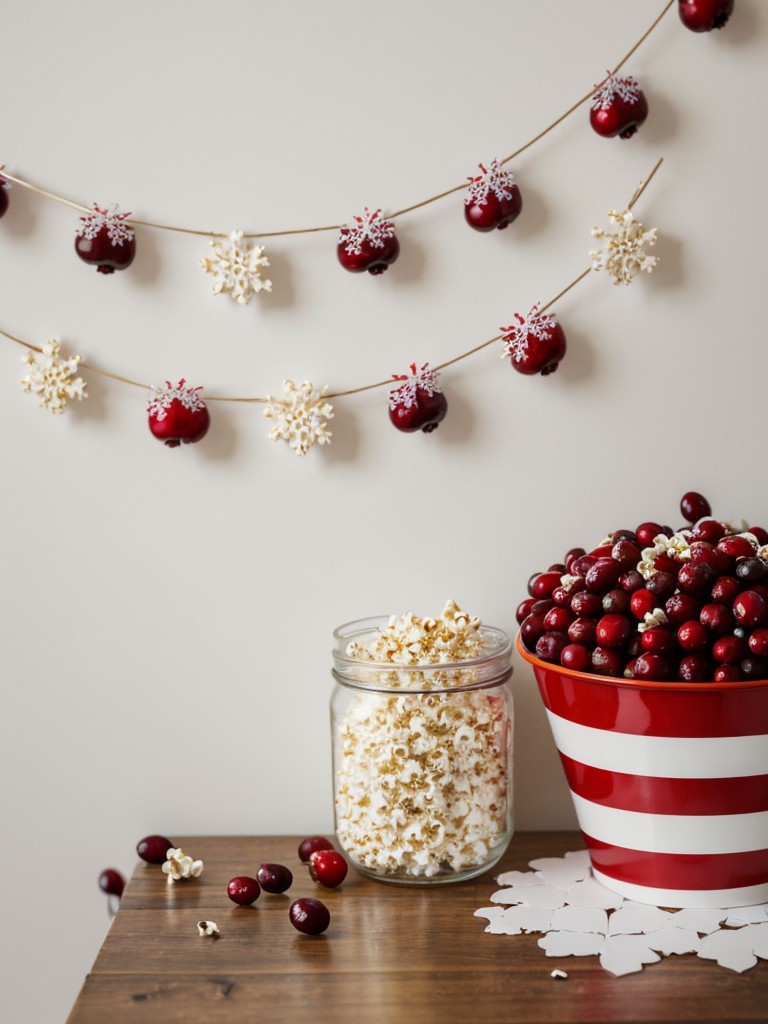 Create a DIY garland using popcorn, cranberries, or paper snowflakes to adorn the walls.