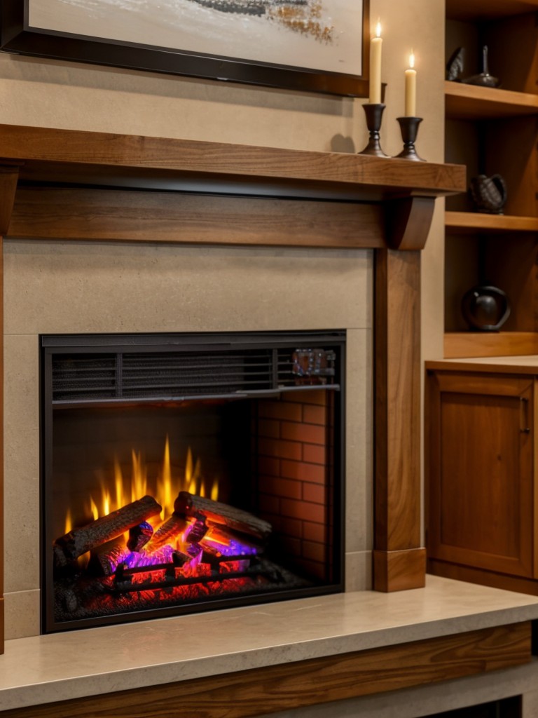 Incorporate a small, tabletop fireplace or electric fireplace insert for both warm ambiance and decoration.