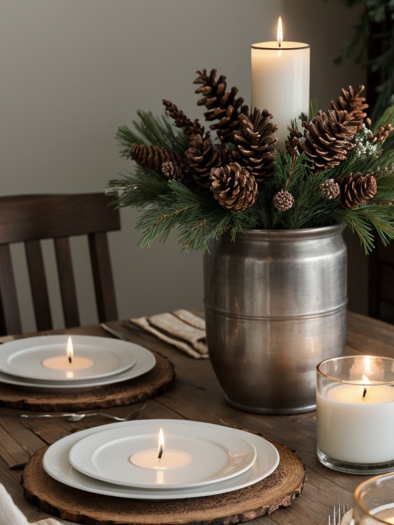 Place a small table-top centerpiece featuring seasonal flowers, pinecones, or candles to add elegance.