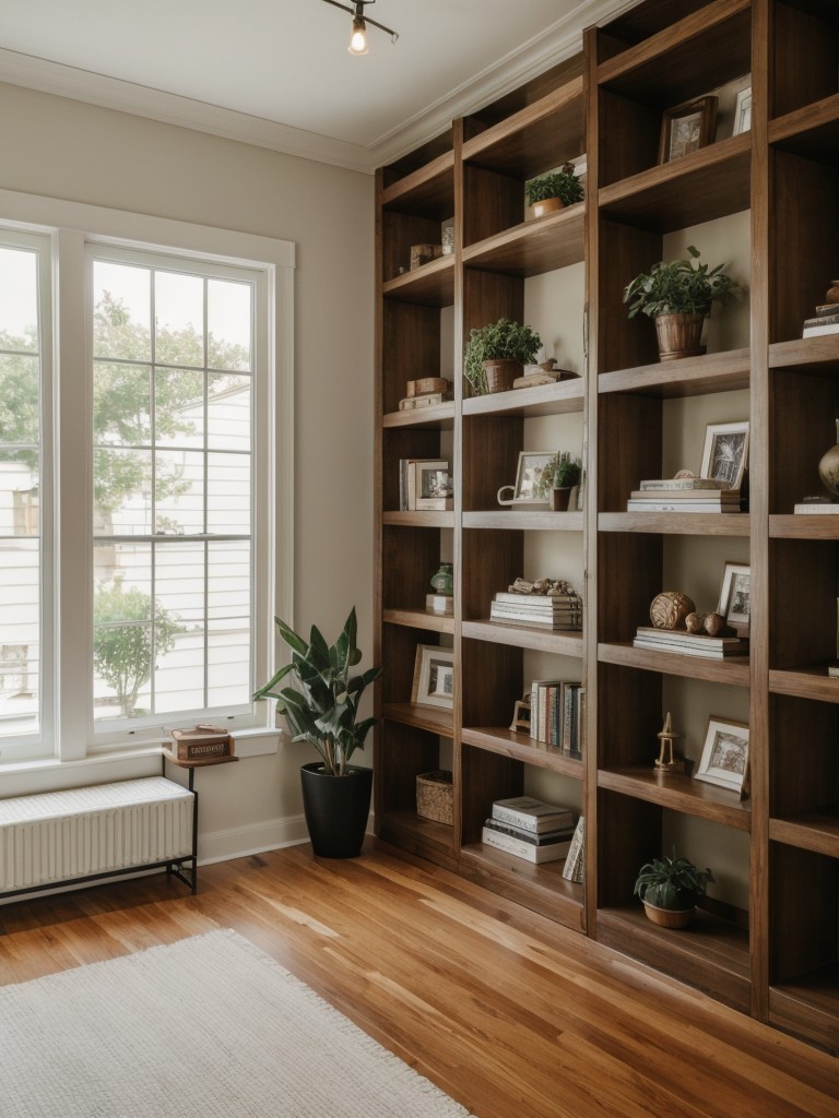 Consider incorporating floating shelves or built-in bookcases to display books, plants, and decorative objects, adding both style and storage to your living room.