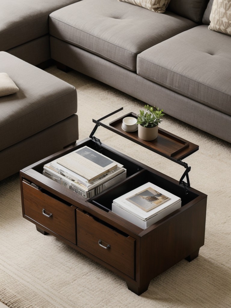 Explore furniture with hidden storage compartments, like a storage ottoman or a coffee table with built-in drawers, to help keep your living room clutter-free.