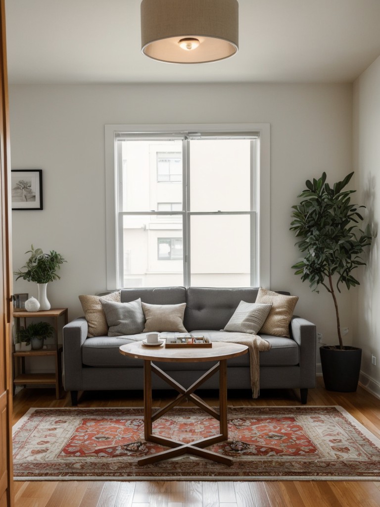 Creating the illusion of separate areas in a small studio apartment by using area rugs to define different zones, like a living space, dining area, and sleeping nook.