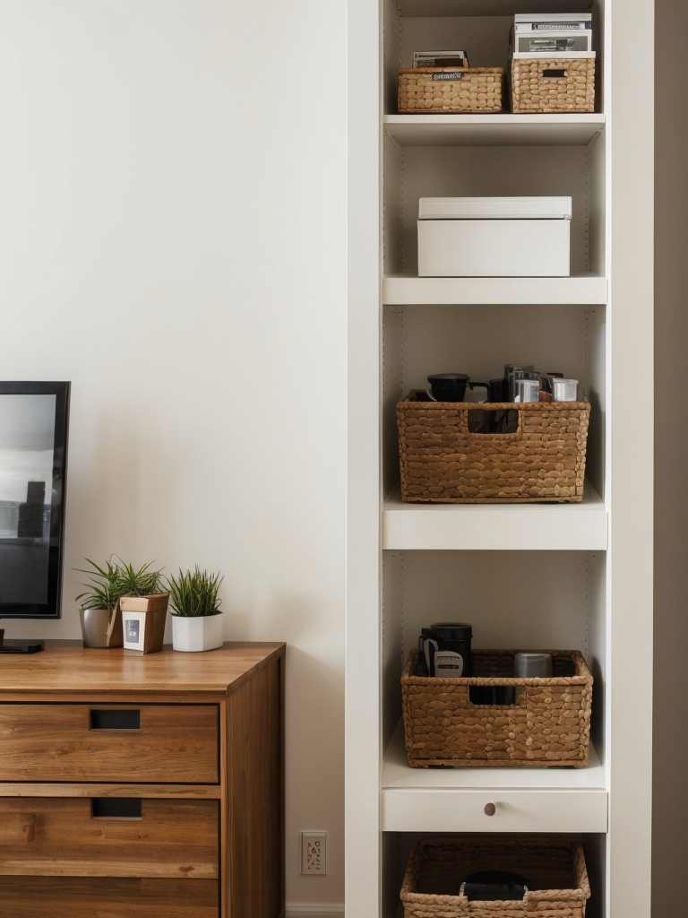 Creating open shelving or storage niches in a small studio apartment to showcase belongings and reduce visual clutter, while still keeping essentials easily accessible.
