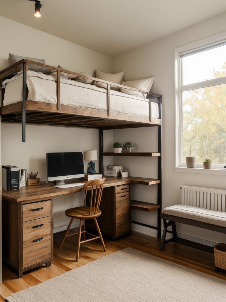 Incorporating a loft bed or raised platform in a small studio apartment to create additional space underneath for storage, a home office, or a cozy reading nook.