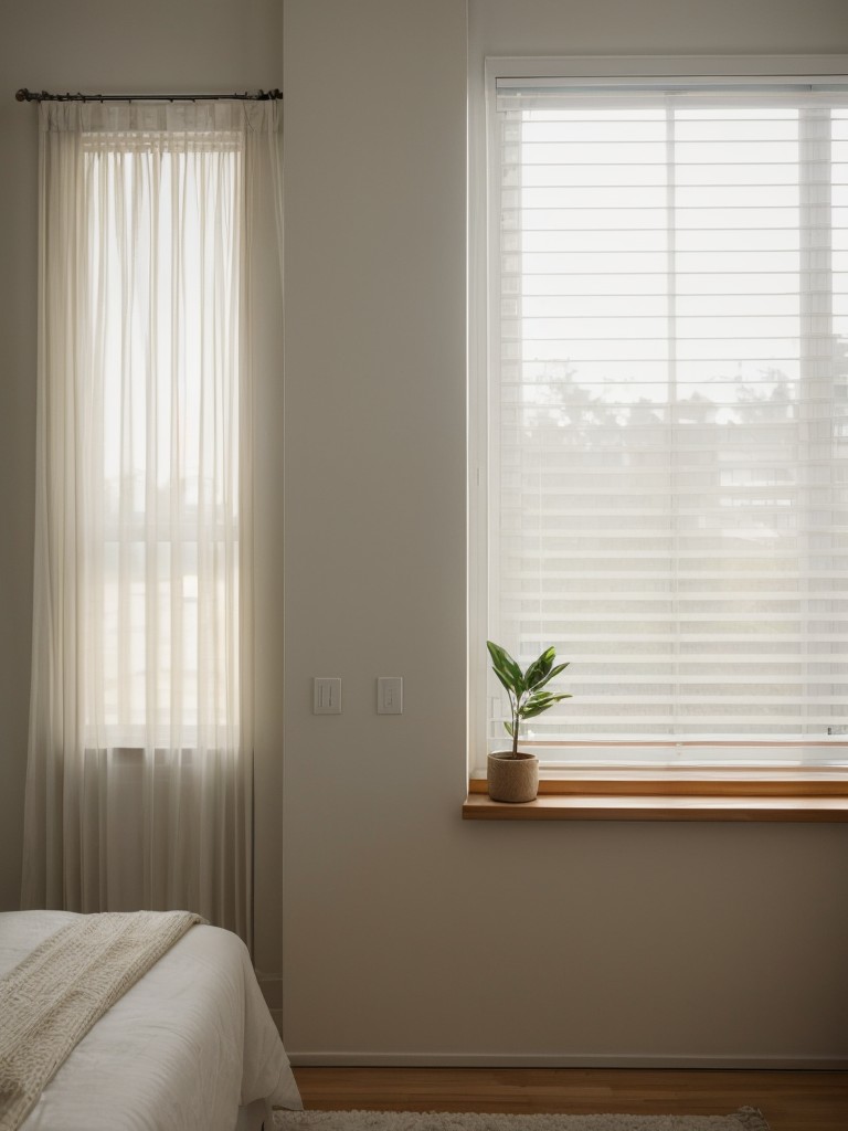 Maximizing natural light in a small studio apartment with sheer curtains or blinds and using mirrors strategically to reflect light and create a sense of depth.