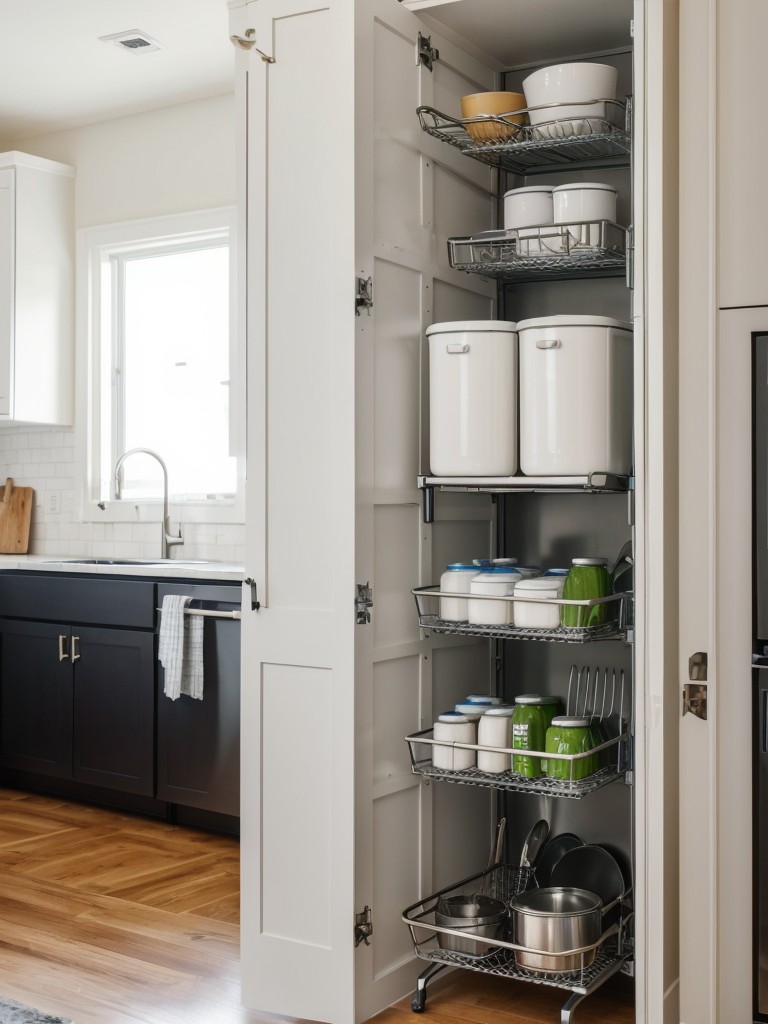 Opting for space-saving kitchen solutions in a small studio apartment, like installing slim appliances, using vertical storage racks for pots and pans, and utilizing compact dish drying racks.