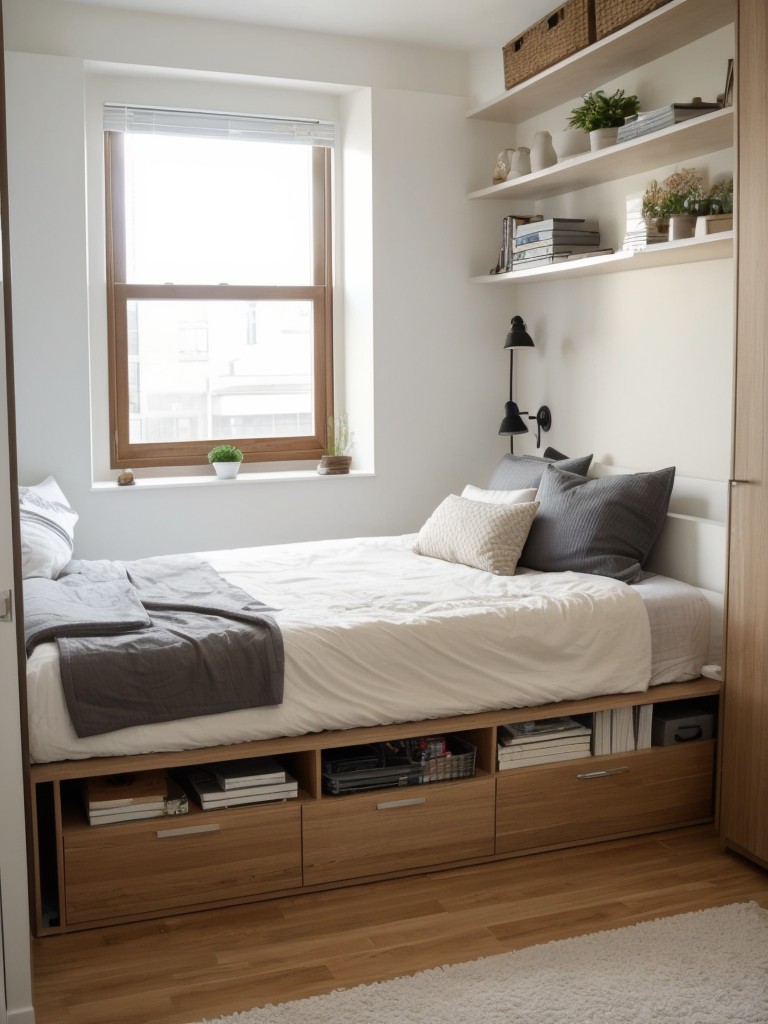 Space-saving furniture ideas and creative storage solutions for a small studio apartment, including built-in shelves, under-bed storage, and wall-mounted organizers.