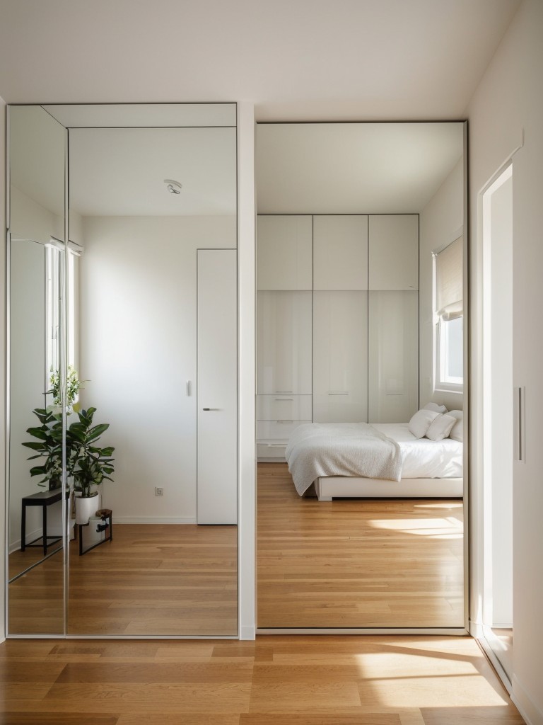 Using mirrors strategically in a small studio apartment to make the space appear larger and brighter, by placing them across from windows or on closet doors.