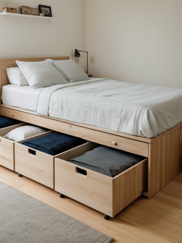 Utilizing the space under the bed in a small studio apartment for extra storage, either with built-in drawers or by using rolling storage containers.