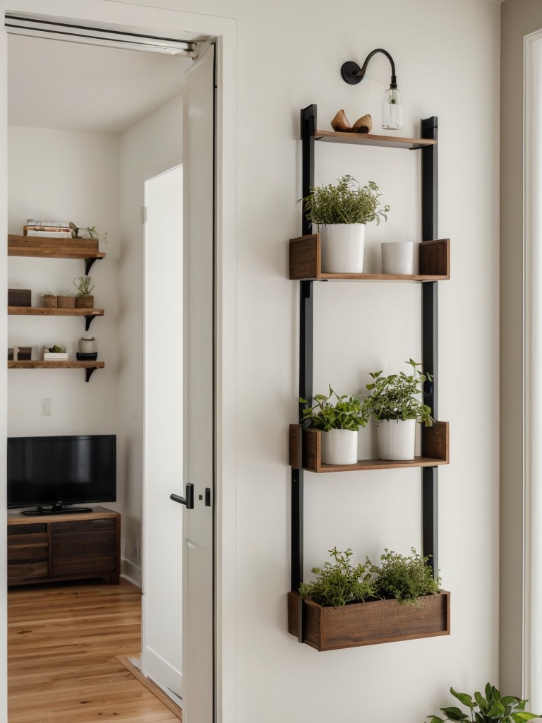 Utilizing vertical space in a small studio apartment by incorporating floating shelves, wall-mounted hooks, and hanging planters for added storage and decoration.