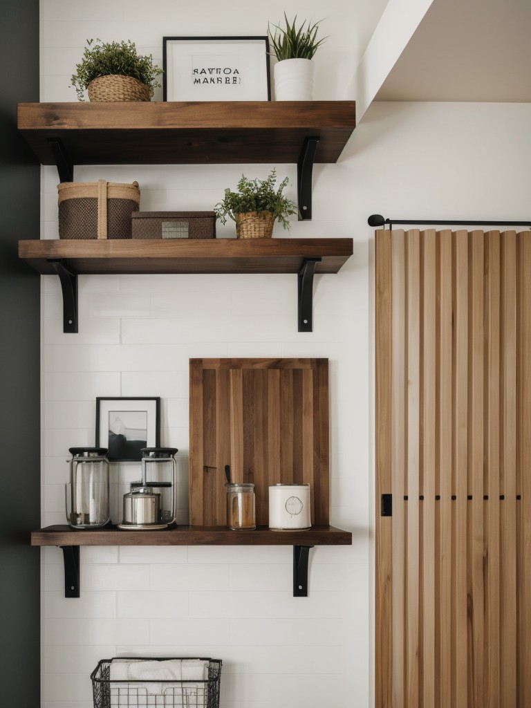 Utilizing wall space for vertical storage in a small studio apartment, such as installing floating shelves, wall grids, or a pegboard for organizing and displaying items.